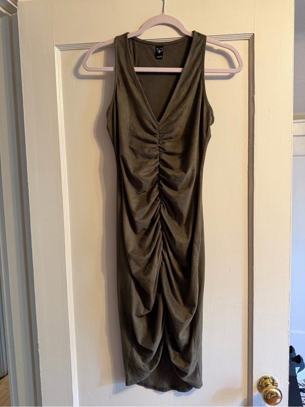 Windsor Olive Ruched Soft V-Neck Sleeveless Midi Dress